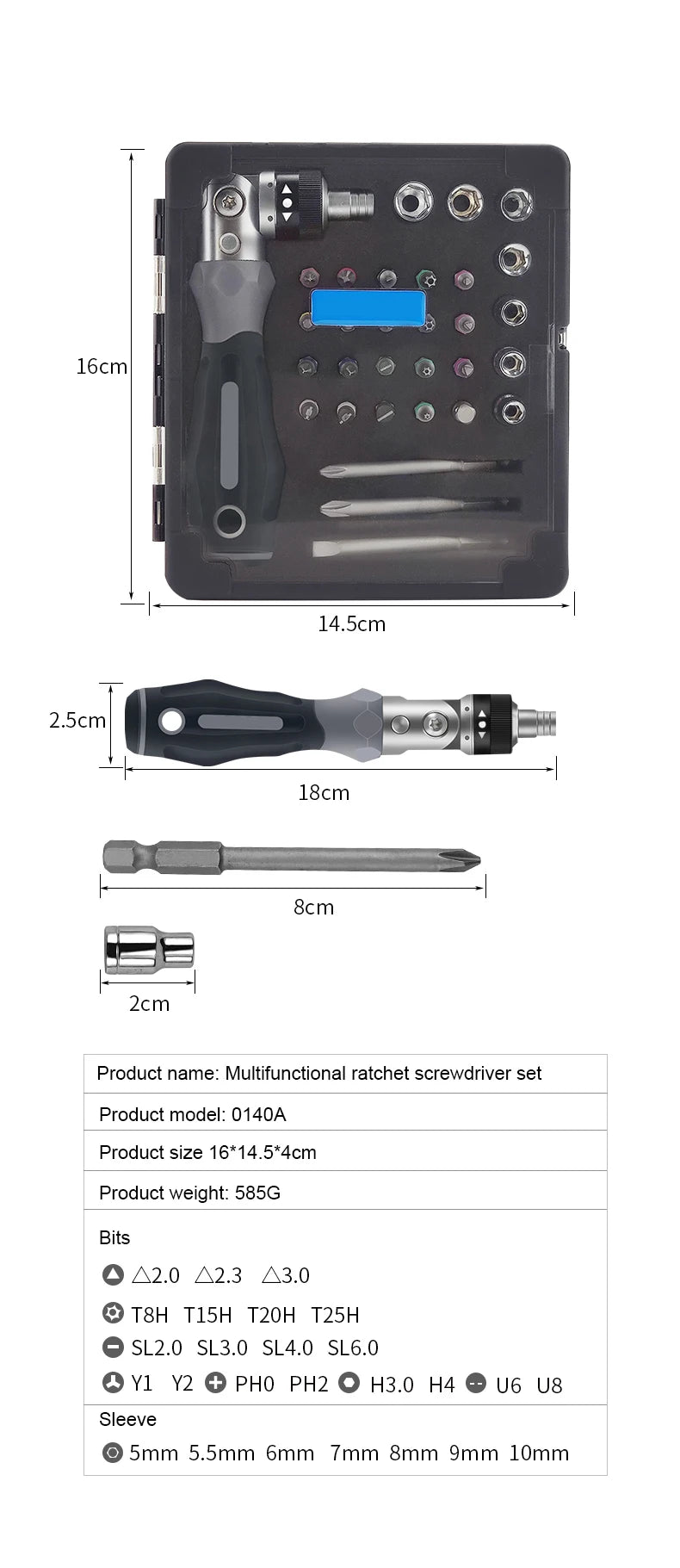 Conjunto de chave de fenda com catraca multiângulo ajustável 