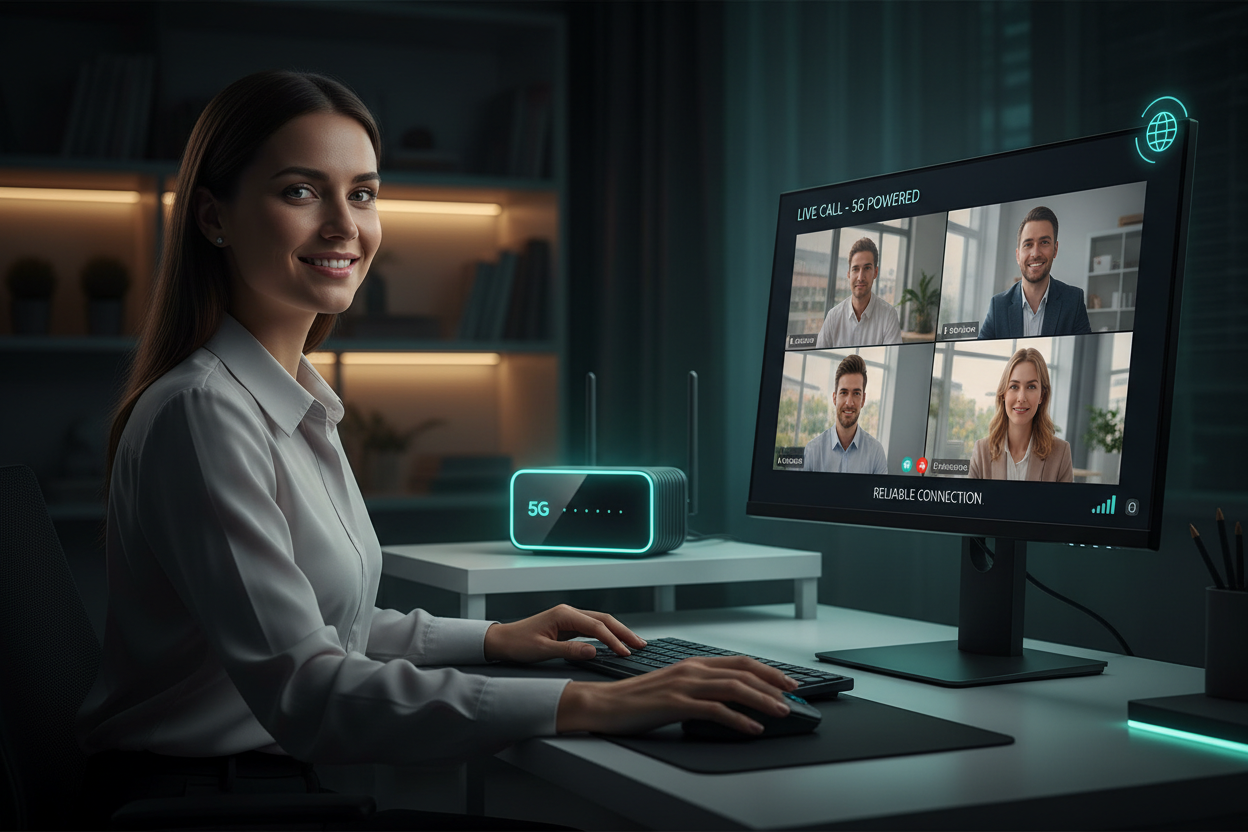 Remote Worker on HD Video Conference with 5G