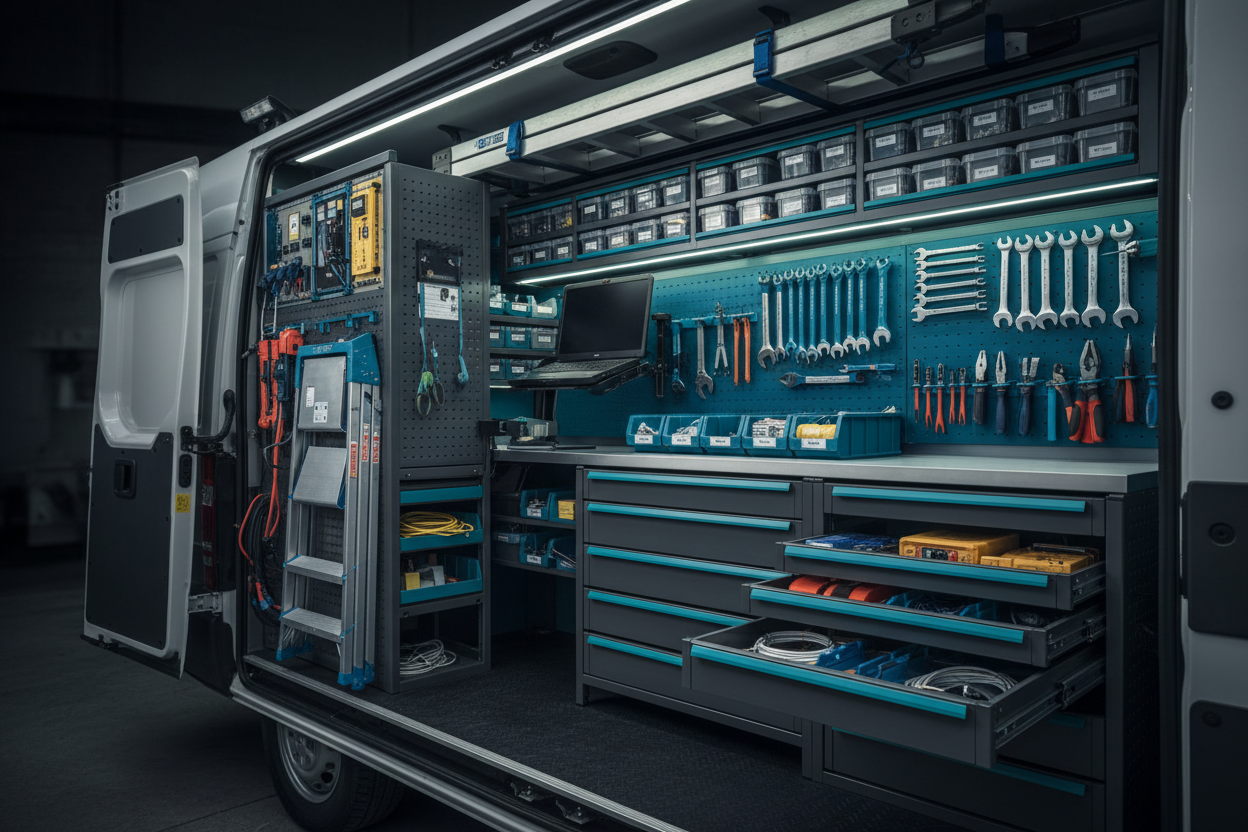 Organized Service Van Interior with Technical Tools