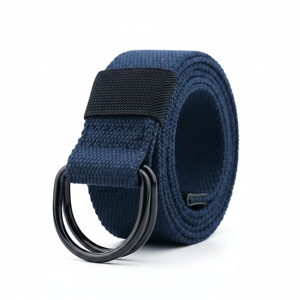 Navy blue canvas belt rolled with double D-ring black metal buckle, white background studio photography