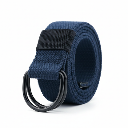 Navy blue canvas belt rolled with double D-ring black metal buckle, white background studio photography