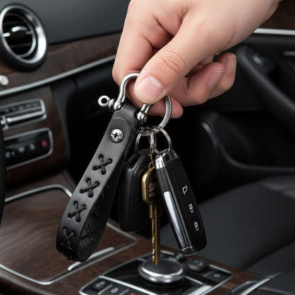 Leather Strap Keychain - Close-up Black X-stitch