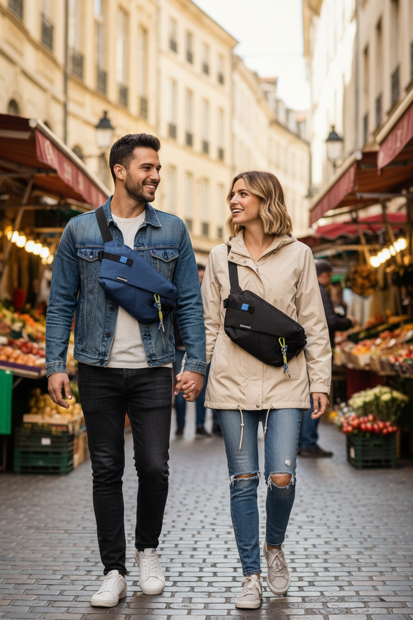 Nylon Crossbody Fanny Pack - Couple Travel Blue Black